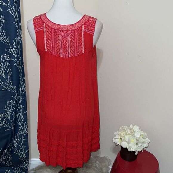 Free People City Limits Dress Red Embroidered Sleeveless Pockets sz S Small Boho - Picture 4 of 10